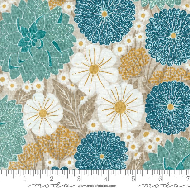 Field Of Flowers - Dahlias and Zinnias Florals Block Print Flax