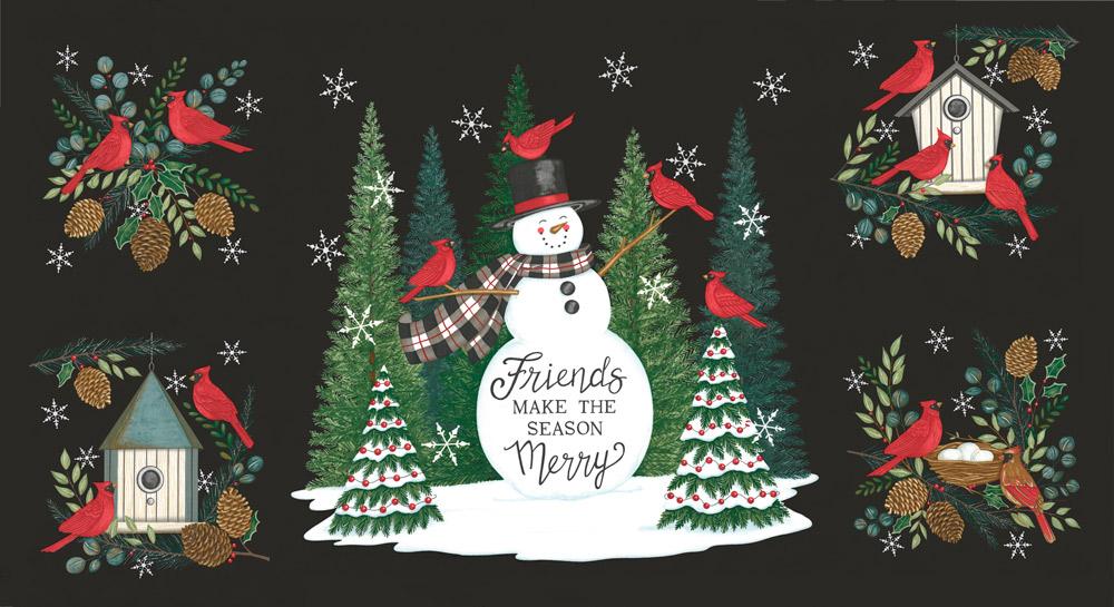 Winter Friends - Winter Friends Panel 24" x 44" Panels Snowman Cardinals Christmas Trees Pine Charcoal Black