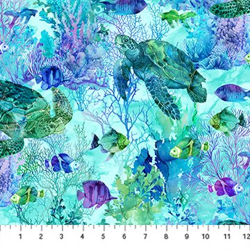 Coral Reef - Turtle & Fish Turquoise Multi