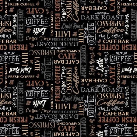 Black Coffee Cafe Words - Coffee Connoisseur by Windham Fabrics