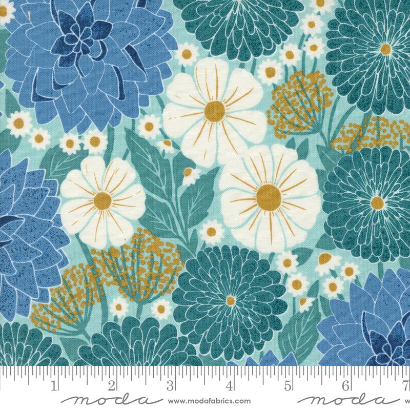 Field Of Flowers - Dahlias and Zinnias Florals Block Print Robins Egg