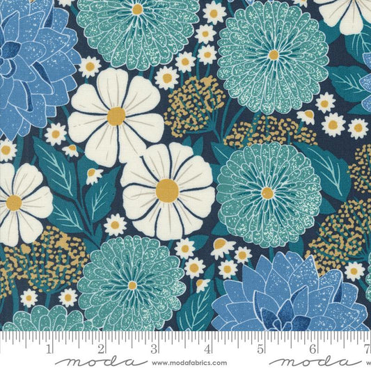 Field Of Flowers - Dahlias and Zinnias Florals Block Print Navy