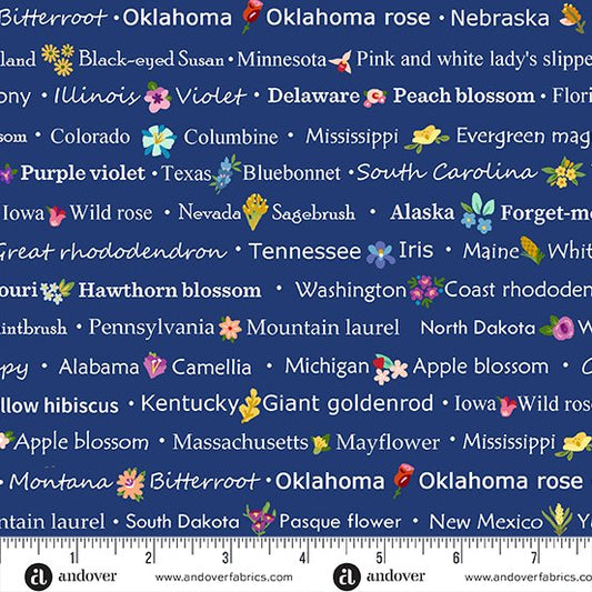 Floral States of America - State Names Text Blue