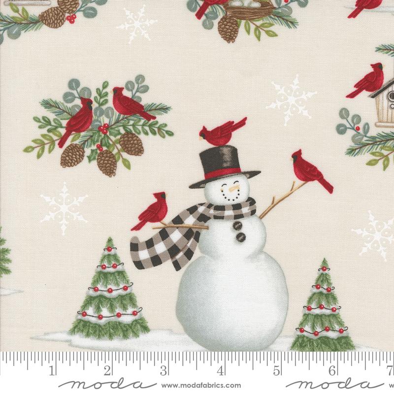 Winter Friends - Snowman and Cardinal Allover Landscape and Nature Trees Snowy White