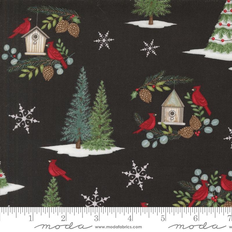 Winter Friends - Snowman and Cardinal Allover Landscape and Nature Trees Charcoal Black