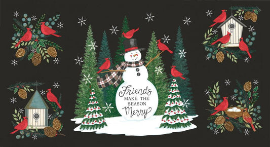 Winter Friends - Winter Friends Panel 24" x 44" Panels Snowman Cardinals Christmas Trees Pine Charcoal Black