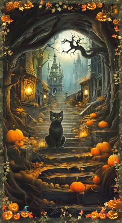 Moon Spell - Spooky Panel, Cat, Haunted House (24" Panel)