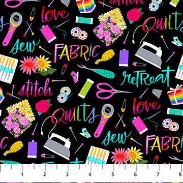 Quilt Retreat Multi Words Black